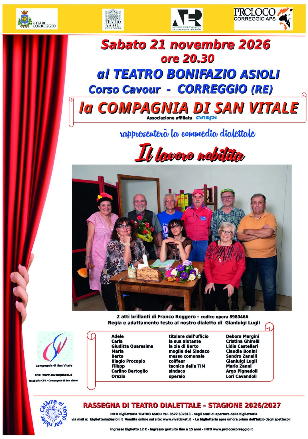 Il lavoro nobilita - Locandina Sabato 21 novembre 2026 - ore 20.30 - CORREGGIO (RE) - CSV Carpineti